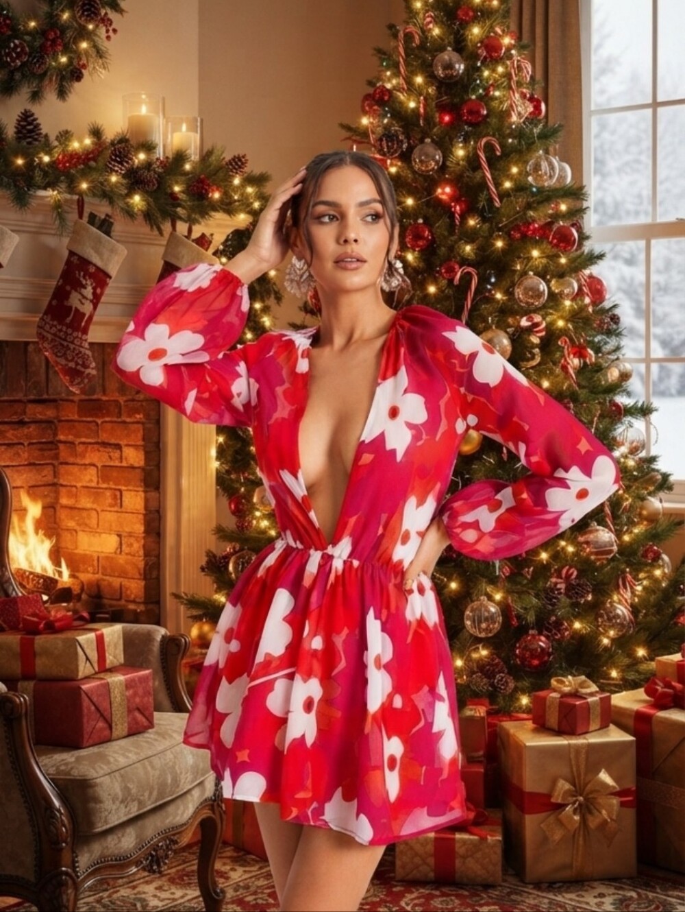 FLORAL DEEP PLUNGING DRESS